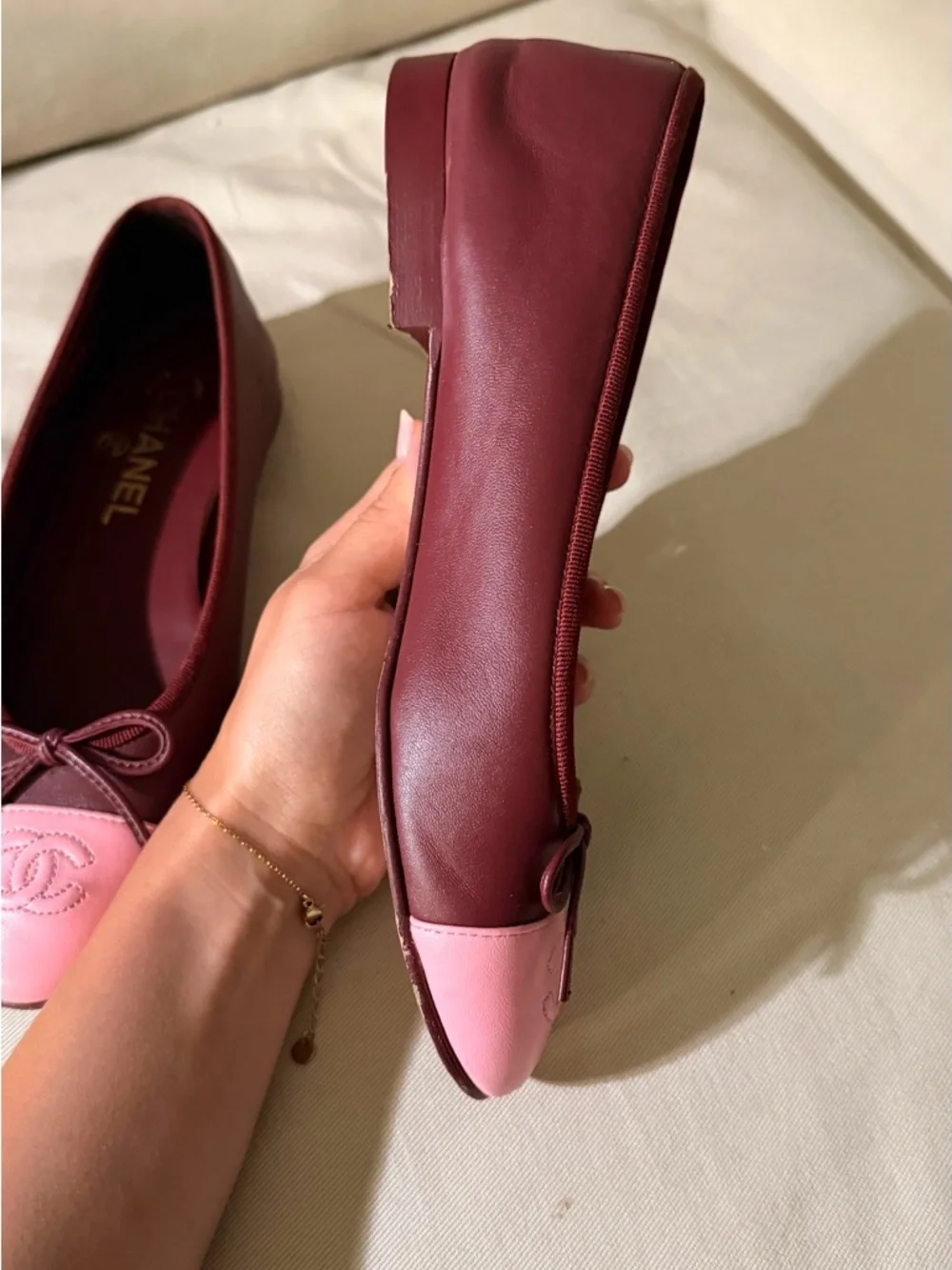 Chanel Two-Tone Pink & Burgundy Cap-Toe Ballet Flats - Picture 4 of 10